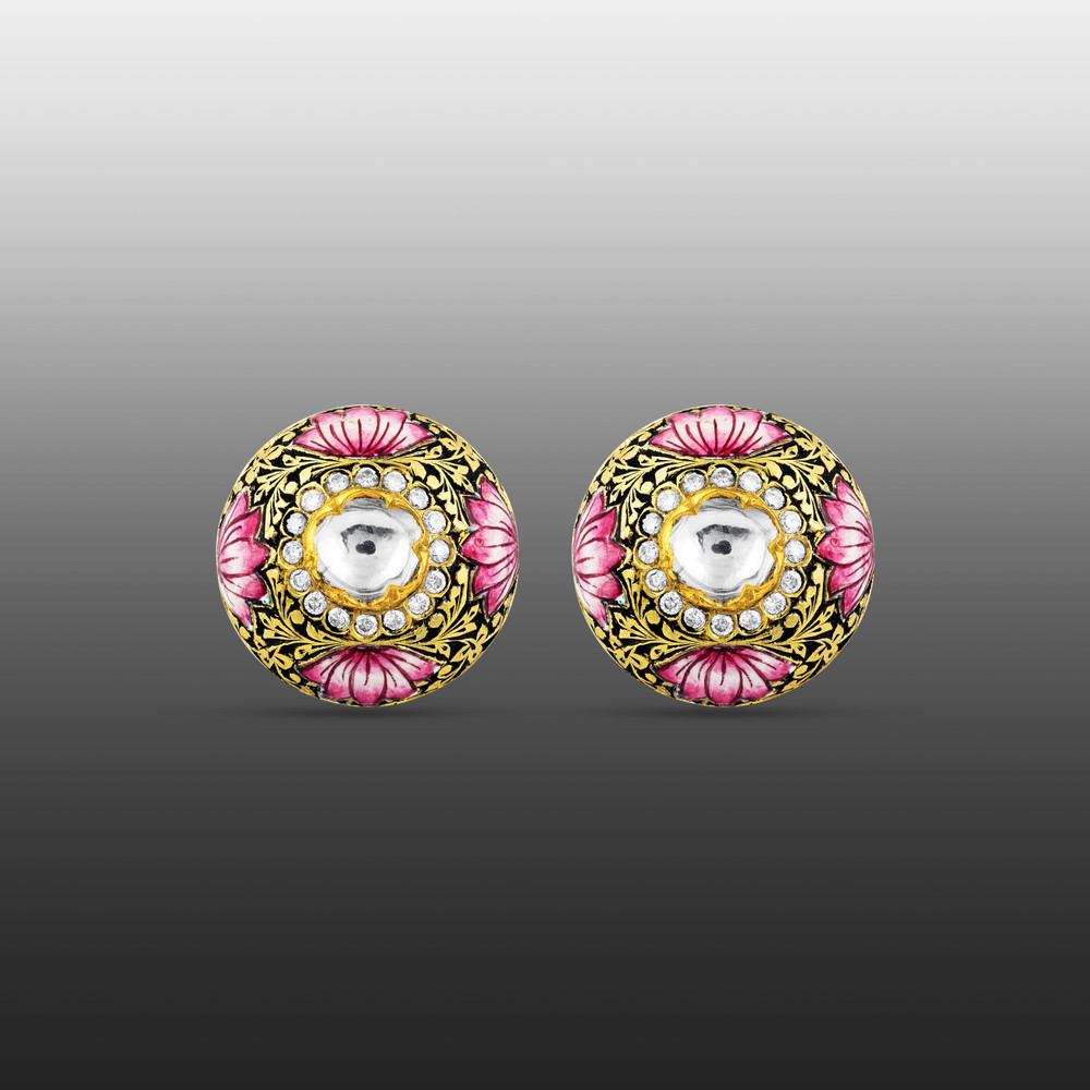 Partash Studs with Polki, Full-Cut Diamonds, and Lotus Enamel